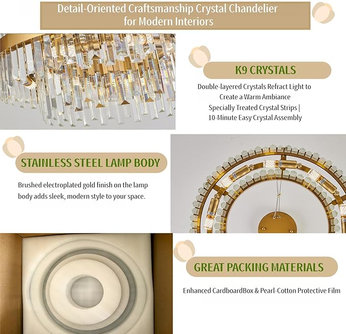 Modern Gold Crystal Chandelier, 9-Light 2-Tier Round Brushed Gold Raindrop Adjustable Flush Mount Pendant Light, E12 Base for Dining Room Living Room Foyer Entryway - 23.6" D
