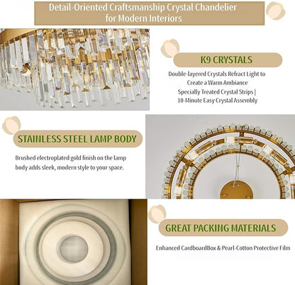 Modern Gold Crystal Chandelier, 9-Light 2-Tier Round Brushed Gold Raindrop Adjustable Flush Mount Pendant Light, E12 Base for Dining Room Living Room Foyer Entryway - 23.6" D