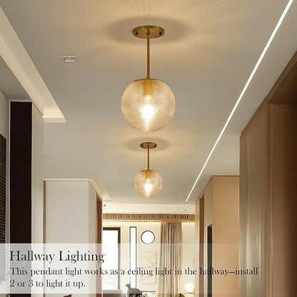 Clear Glass Pendant Light, Mid Century Modern Globe Hanging Lights with Height Adjustable, Brass Gold Single Pendant Lighting for Kitchen Island, Hallway, Dining Room, Living Room (1 Pack)