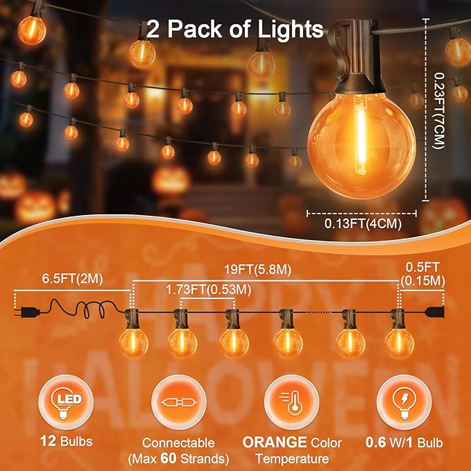 LAMPHOME 2-Pack Globe Outdoor Halloween String Lights, 26FT Patio Lights with 12+1 Edison Shatterproof Bulbs(1 Spare), Connectable Dimmable Orange Lights for Backyard Porch Halloween Decor