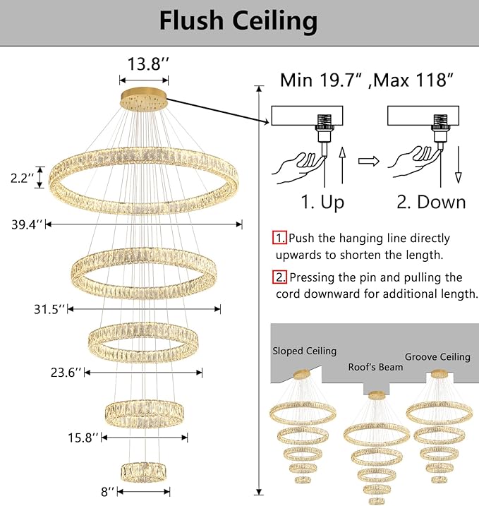 HAIXIANG 5-Rings Modern Chandelier with LED Dimmable Lights Crystal High Ceiling Chandeliers Lighting for Living Room Foyer Entryway Luxury Indoor Light Gold Fixtures