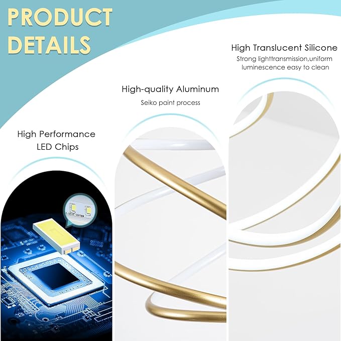 CHYING Modern Gold Chandelier with Remote Control, 48W 3-Color Temperature Dimmable LED Chandelier for Dining Room, Hanging Adjustable Pendant Light for Living Room Kitchen Entryway Foyer