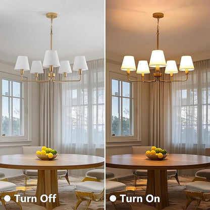 Gold Chandeliers for Dining Room 30” Bedroom Light Fixture with White Fabric Shade 5-Light Modern Farmhouse Chandelier Adjustable Pendant Lighting Fixtures for Kitchen Island,Living Room,Entryway