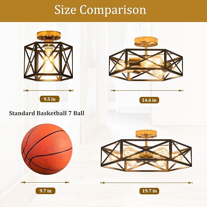 Modern Farmhouse Black and Gold Ceiling Light,Industrial Semi Flush Mount Ceiling Lighting Fixture,Hexagonal Lighting Fixtures for Kitchen,Bedroom,Foyer,Dining Room,Hallway,3-Light,14.6 Inch