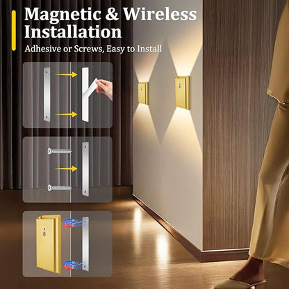 4 Pack Battery Operated Wall Lights - 5000mAh Rechargeable Motion Sensor Wall Sconce with Remote, 3 Colors Wireless Wall Lamp Magnetic Motion Sensor Night Light Indoor for Hallway Stairway, Gold