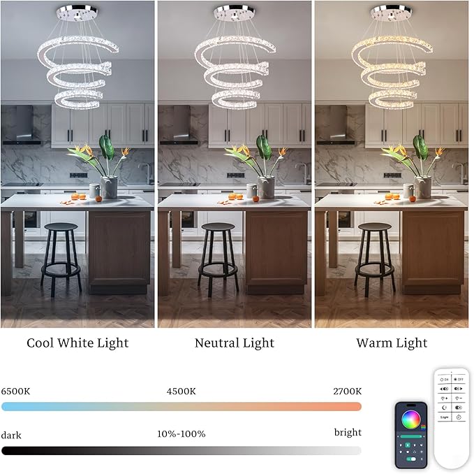 Finktonglan Modern Chandeliers Dimmable, 3 Rings Crystal Chandeliers with Remote Control, Shape Adjustable, LED Linear Chandelier Pendant Island Light for Kitchen Dining Room Living Room, H47.2''