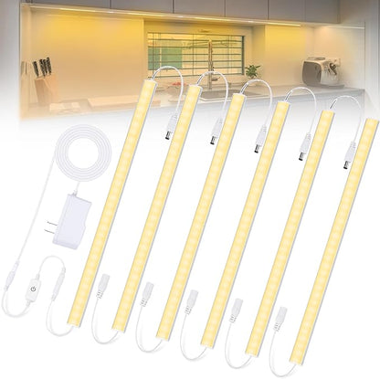 6PCS x 12 Inch Under Cabinet Lights Plug-in, Warm White 3000K Dimmable LED Under Cabinet Lighting, Under Counter Lights with Memory Function, LED Light Bars for Kitchen
