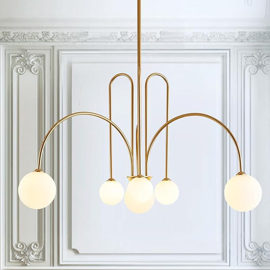 CATINER Gold Sputnik Chandelier,6 Lights Large Modern Chandelier L40”Mid Century Long Ceiling Pendant Light Fixtures for Dining Room with Milk Glass Globe Shades for High Ceiling Foyer Living Room