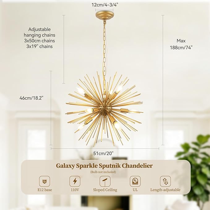Modern 20in Gold Sputnik Chandelier 9-Lights Mid-Century Starburst Chandelier Solid Metal Firework Satellite Urchin Light Fixture Over Table for Foyer Dining Room Kitchen Bedroom Living Room