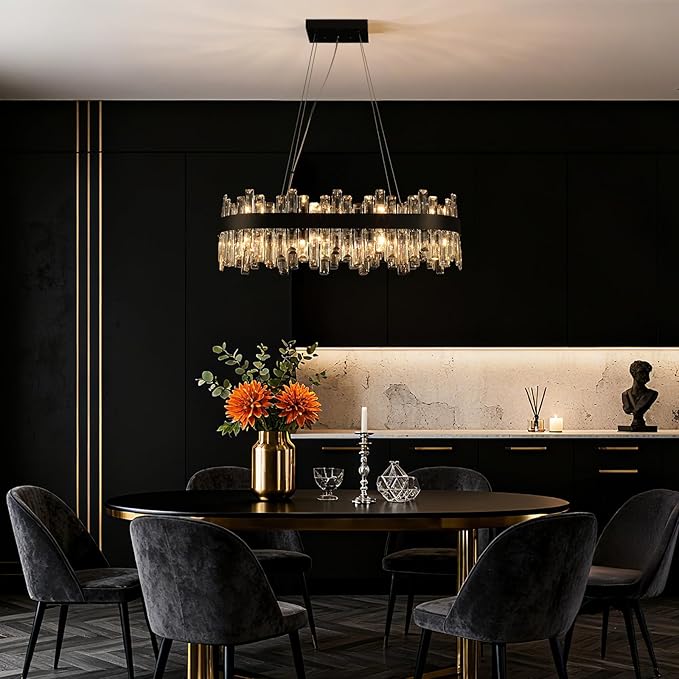 Weesalife Black Crystal Chandeliers for Dining Room Lights Fixtures Over Table, 16 Lights Modern Rectangle 2-Tier Chandeliers for Kitchen Island Bar L32 Inch