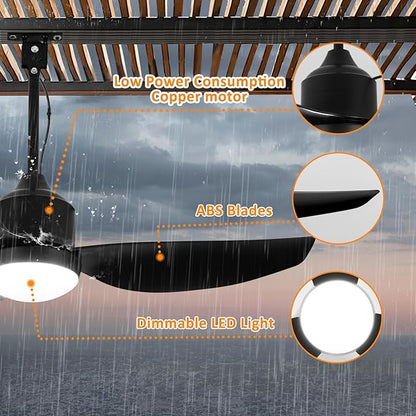 Depuley Outdoor Ceiling Fan with Light: 52 Inch Gazebo Fan Outdoor Hanging - Plug in Waterproof Fans with Lights for Patio - Dimmable Remote App Control Black