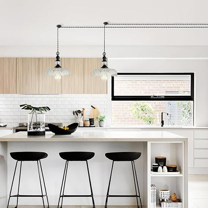 CVKASH Plug in Glass Pendant Light Fixture Black Vintage Adjustable Chandelier Hanging Ceiling Light for Farmhouse Hallway Bedroom Foyer Kitcken Dining Room Island.
