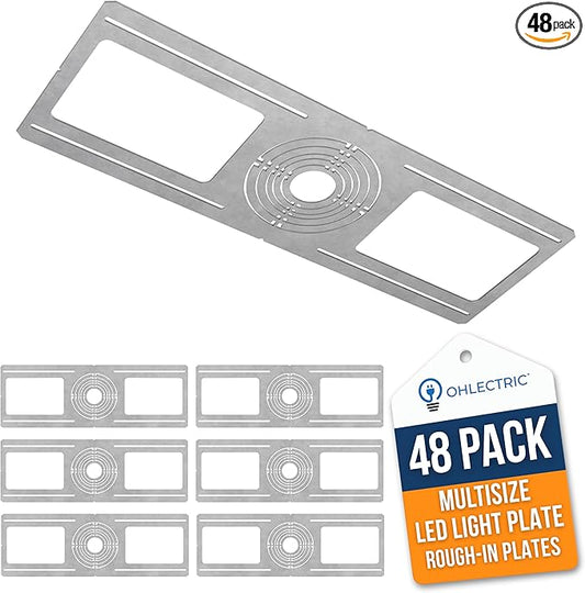 OHLECTRIC 48-Pack New Construction Recessed Light Mounting Plates, Flat Steel Rough-in Brackets - Symmetric Round Holes w/ Multiple Cutouts 2” til 6” Adjustable Panel for LED Wafer & Recessed Lighting
