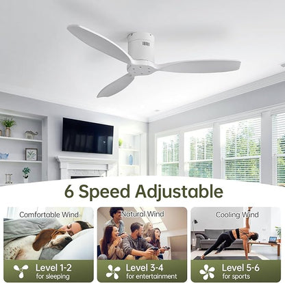 Sofucor 52'' Low Profile Ceiling Fan Remote Control without Lights,Wood Flush Mount White Ceiling Fans no light, Modern Ceiling Fan Reversible DC for Bedroom,Farmhouse,Living Dining Room,Kitchen