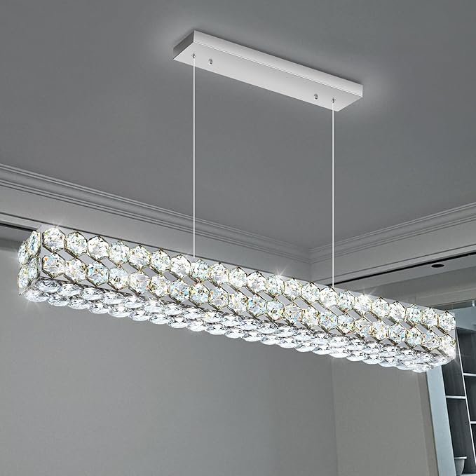 40'' Modern Crystal Chandelier for Dining Room Ceiling Light Fixture for Living Room Hallway Lighting LED Dimmable with Remote Silver