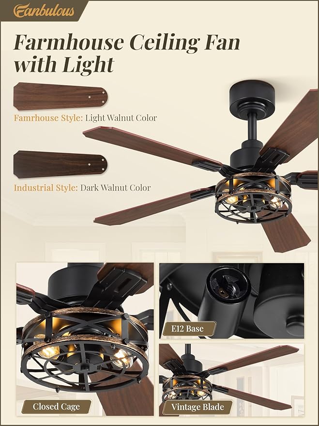 Fanbulous 2 Pack 42 Inch Rustic Caged Ceiling Fan with Lights, Black Farmhouse Ceiling Fans for Bedroom Living Room, Double-Sided 5 Blades Rustic Ceiling Fan