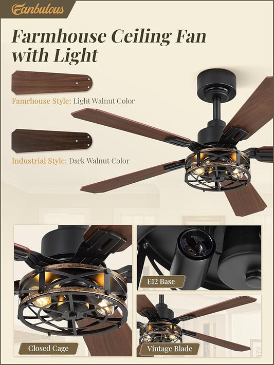 Fanbulous 2 Pack 42 Inch Rustic Caged Ceiling Fan with Lights, Black Farmhouse Ceiling Fans for Bedroom Living Room, Double-Sided 5 Blades Rustic Ceiling Fan