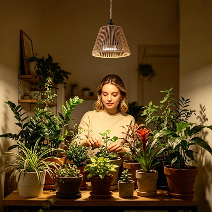 Hanging Grow Light for Indoor Plants, 30W 4000K Full Spectrum LED Pendant with Timer, Hand-Woven Shade, 15FT Cord, Kit for Seedlings, Succulents, Bright Living Rooms
