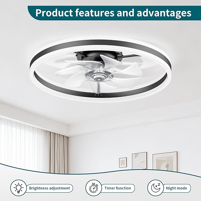 Ceiling Fans with Lights and Remote, 20" Low Profile Ceiling Fan, Dimmable Modern Flush Mount LED Fan Light, 6 Wind Speeds, Black Fandelier Ceiling Fans for Bedroom (Black)