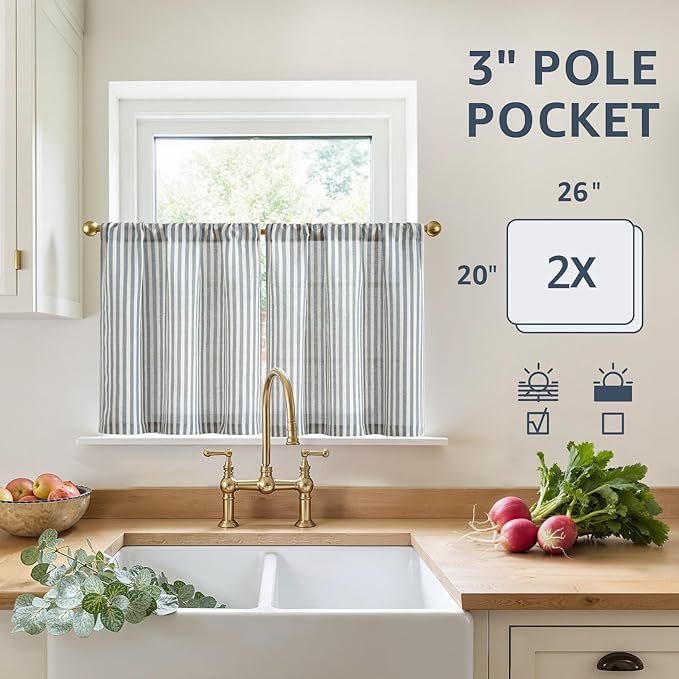 jinchan Striped Linen Kitchen Curtains 20 Inches Length Tier Curtains Farmhouse Modern Cafe Style Small Window Treatments Airy Light Filtering Rod Pocket for Living Room Bathroom 2 Panels Blue