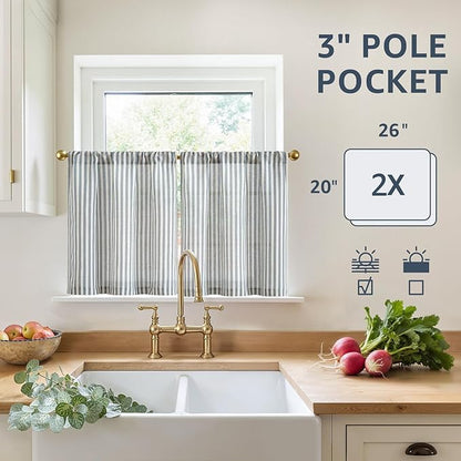 jinchan Striped Linen Kitchen Curtains 20 Inches Length Tier Curtains Farmhouse Modern Cafe Style Small Window Treatments Airy Light Filtering Rod Pocket for Living Room Bathroom 2 Panels Blue