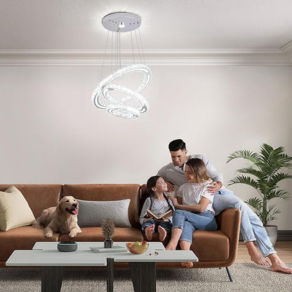 FRIXCHUR LED Crystal Ring Chandelier, Modern 3 Ring Chandelier Light Fixture, Adjustable Hanging Pendant Light for Dining Room Living Room Bedroom, Cool White