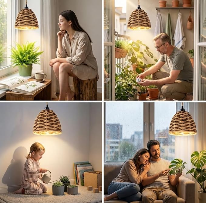 30W Hanging Grow Light for Indoor Plants, 3500 Lumens Full Spectrum Pendant Lamp with Timer, Hand-Woven Paper Rope Shade, 4000K Decorative LED Growing Light for Plant Shelves & Propagation, 15FT Cord