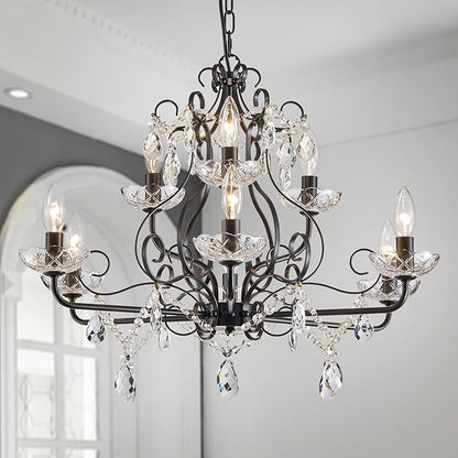 WUZUPS 9-Light Crystal Candle Chandelier Pendant Flushmount Ceiling Light Modern Lighting Fixture for Bedroom Hallway Bar Kitchen Bathroom, H 18.1" x W 25.6", Black, E12 Base