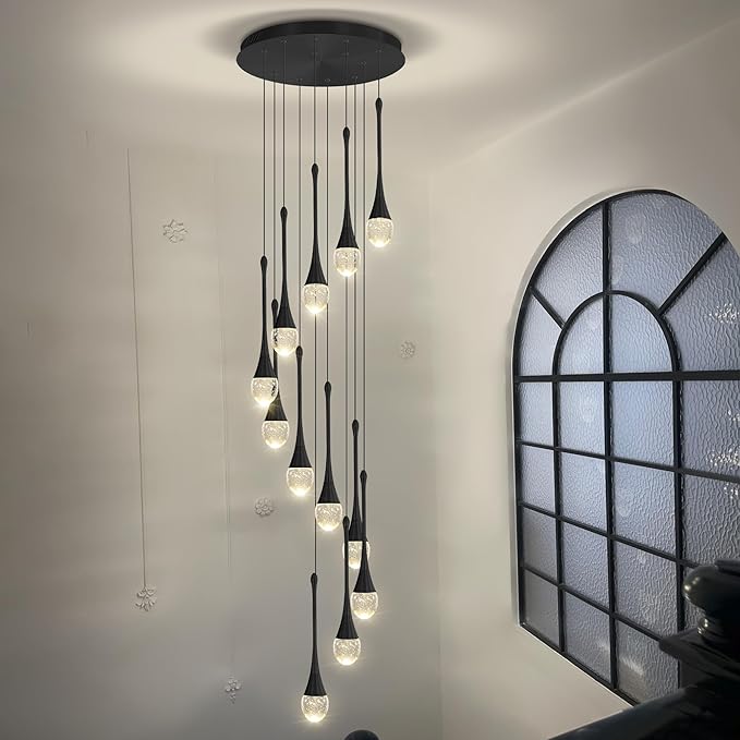 ykolupty Modern Crystal Chandeliers LED Dimmable Stairwell Chandelier 12-Lights Teardrop Chandelier Large Pendant Light for Entryway Foyer Living Room Black