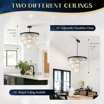 Crystal Chandeliers Black Modern Round 20" Chandelier 7 Lights 3-Tier Ceiling Pendant Light Fixture Luxury K9 Crystal Lighting for Living Room Dining Room Bedroom Kitchen Foyer