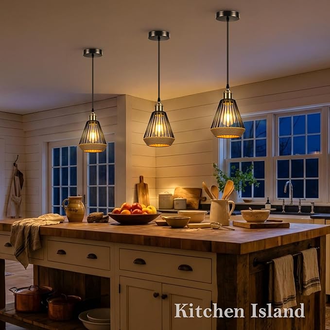 ropelux Pendant Lights Kitchen Island, Modern Kitchen Island Lighting, Adjustable Height Farmhouse Black Gold Brass Hanging Light Fixture for Living Room Sink Dinning Room Bedroom- 1PC