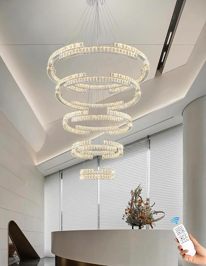 Modern Large Ring Chandelier Lighting, LED 5 Ring Crystal Chandelier High Ceiling Foyer Chandeliers for Staircase Living Room Silver D47.5''+D40''+D32''+D24''+D16''