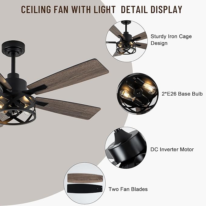 52" Farmhouse Ceiling Fan with Lights and Remote,Ceiling Fan with Caged Rustic Light Fixture,Reversible DC Motor,5 Double Finish Wood Blades for Patio,Living Room,Dining Room,Bedroom