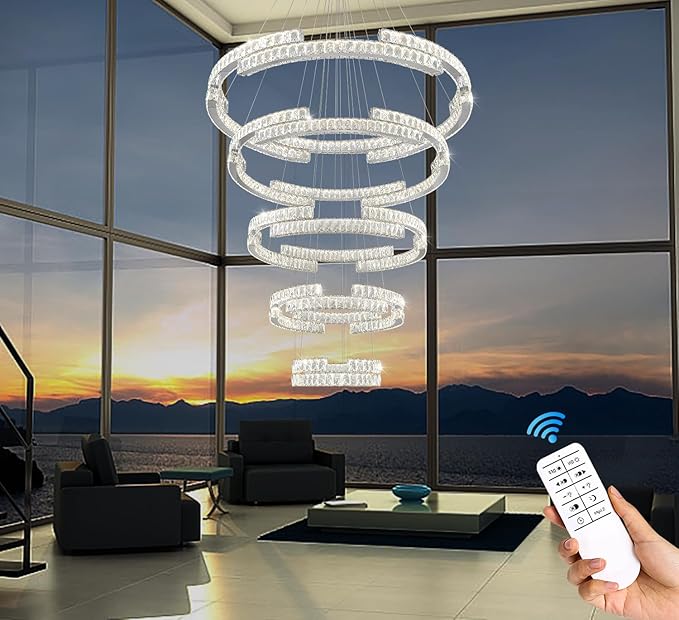 Modern Large Ring Chandelier Lighting, LED 5 Ring Crystal Chandelier High Ceiling Foyer Chandeliers for Staircase Living Room Silver D47.5''+D40''+D32''+D24''+D16''