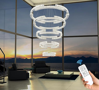 Modern Large Ring Chandelier Lighting, LED 5 Ring Crystal Chandelier High Ceiling Foyer Chandeliers for Staircase Living Room Silver D47.5''+D40''+D32''+D24''+D16''