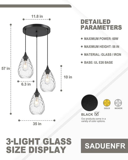 Black 3-Light Pendant Lighting, Modern Dining Room Light Fixture Over Table with Hammered Glass, Cluster Hanging Lights for Kitchen Island Dining Room