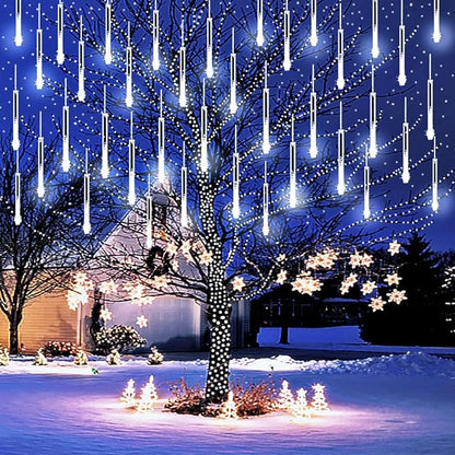 Purtuemy Christmas Lights Outdoor, Meteor Shower Lights 12 inch 8 Tubes LED Snow Falling Icicle for Christmas Decoration Tree Garden Wedding Party Holiday, White