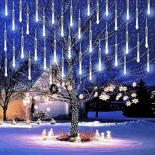 Purtuemy Christmas Lights Outdoor, Meteor Shower Lights 12 inch 8 Tubes LED Snow Falling Icicle for Christmas Decoration Tree Garden Wedding Party Holiday, White