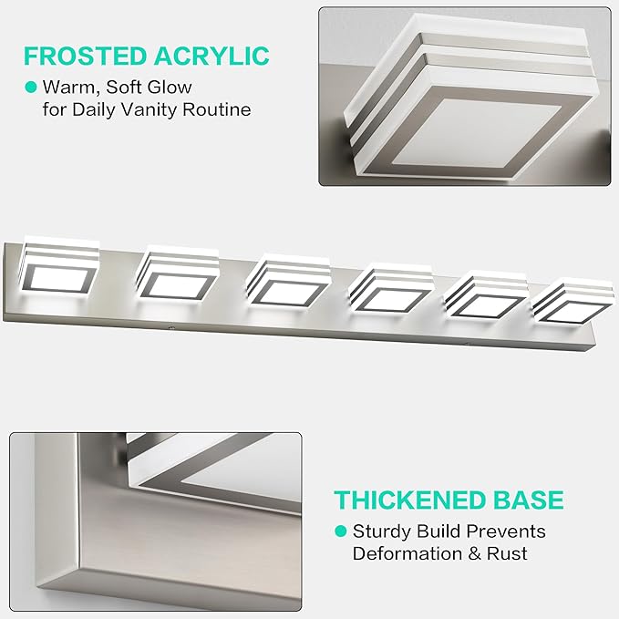 SOLFART Modern LED Vanity Lights Fixtures: 6 Lights Acrylic LED Brushed Nickel Vanity Lights for Bathroom 39inch