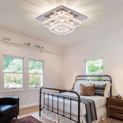 FRIXCHUR Dimmable Crystal Chandelier Ceiling Light with Remote Square Led Flush Mount Small Chandelier for Dining Room Kitchen Wedding Hallway Foyer,9.8"