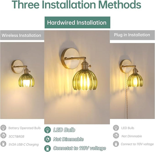 Shenmoyl Vintage Wall Sconces Set of 2 with Green Tulip Glass Lampshade 180 Degree Adjustable Brass Sconces Hradwired Modern Wall Lighting Fixture with Switch for Bedside Bedroom Doorway
