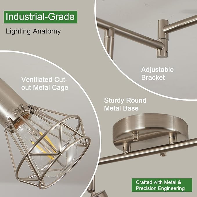 Brushed Nickel Track Lighting 3 Light Semi Flush Mount Ceiling Light Fixture Adjustable Flexibly Rotatable Farmhouse Dining Room Kitchen Light Fixtures with Metal Cage