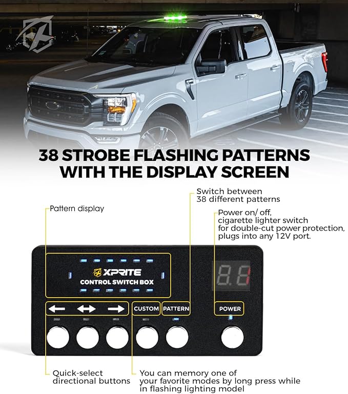 Xprite White Green Rooftop Emergency Strobe Light Bar, US Flag Beacon Safety Flashing Warnin Lights w/Control Panel Magnetic Base for Construction Trucks Plows Postal Security Cars