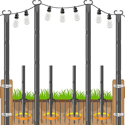 10Ft String Light Poles 4 Pack,Poles for Outdoor String Lights with Fork and Fence Clamp,Hanging Lights Metal Stand Post for Deck Patio Backyard Garden Decorations