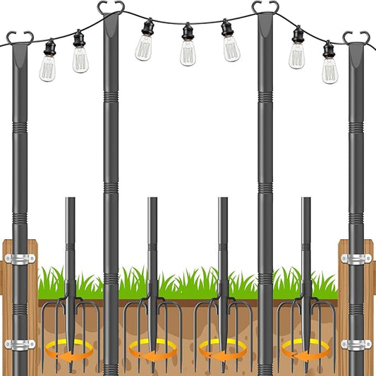 10Ft String Light Poles 4 Pack,Poles for Outdoor String Lights with Fork and Fence Clamp,Hanging Lights Metal Stand Post for Deck Patio Backyard Garden Decorations