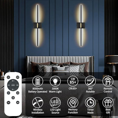 Wall Sconces Set of 2 Battery Operated, 8000mAh USB Rechargeable Wall Sconce with Remote Control, 360°Rotate Dimmable 3000K-6000K LED Dimmable Picture Lamp for Living Room, Bedroom, Hallway (28inch)