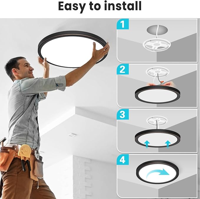 libtit 12 inch Flush Mount LED Ceiling Light Fixture, 3000K 4000K 6500K Adjustable, 28W 3200lm Oil Rubbed Bronze Round Lighting Fixtures for Bathroom Shower Hallway Kitchen, 2 Pack