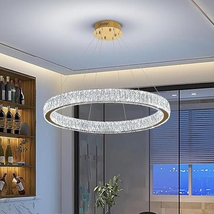 Modern LED Gold Ring Chandelier 31.5" Dimmable Adjustable Crystal Ring Pendant Light for Dining Room Living Room