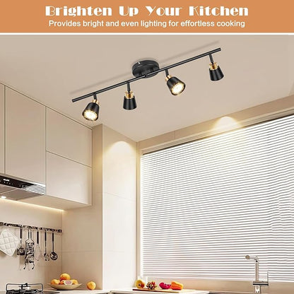 GORDNWE Track Lighting Fixtures Ceiling: LED Spot Lights Indoor 4 GU10 Flexible Heads Black Vintage Adjustable Compatible with Dimmable Bulbs Overhead Directional Lights Foldable for Kitchen Hallway