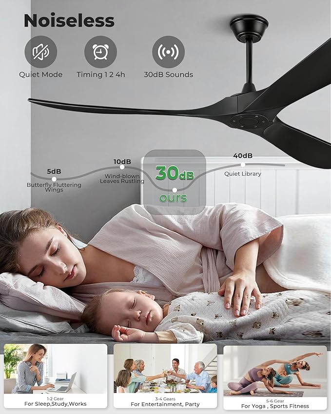 60" Ceiling Fans Without Light, Solid Wood Ceiling Fan with Remote Control and Quiet DC Motor, Ceiling Fan no Light 3 Blades, Outdoor Ceiling Fans for Patios without Lights